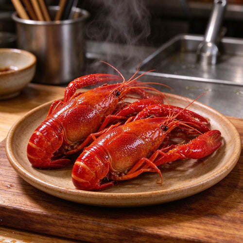 Cooked red crawfish piled on a ceramic plate