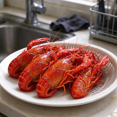 Cooked red crawfish piled on a ceramic plate