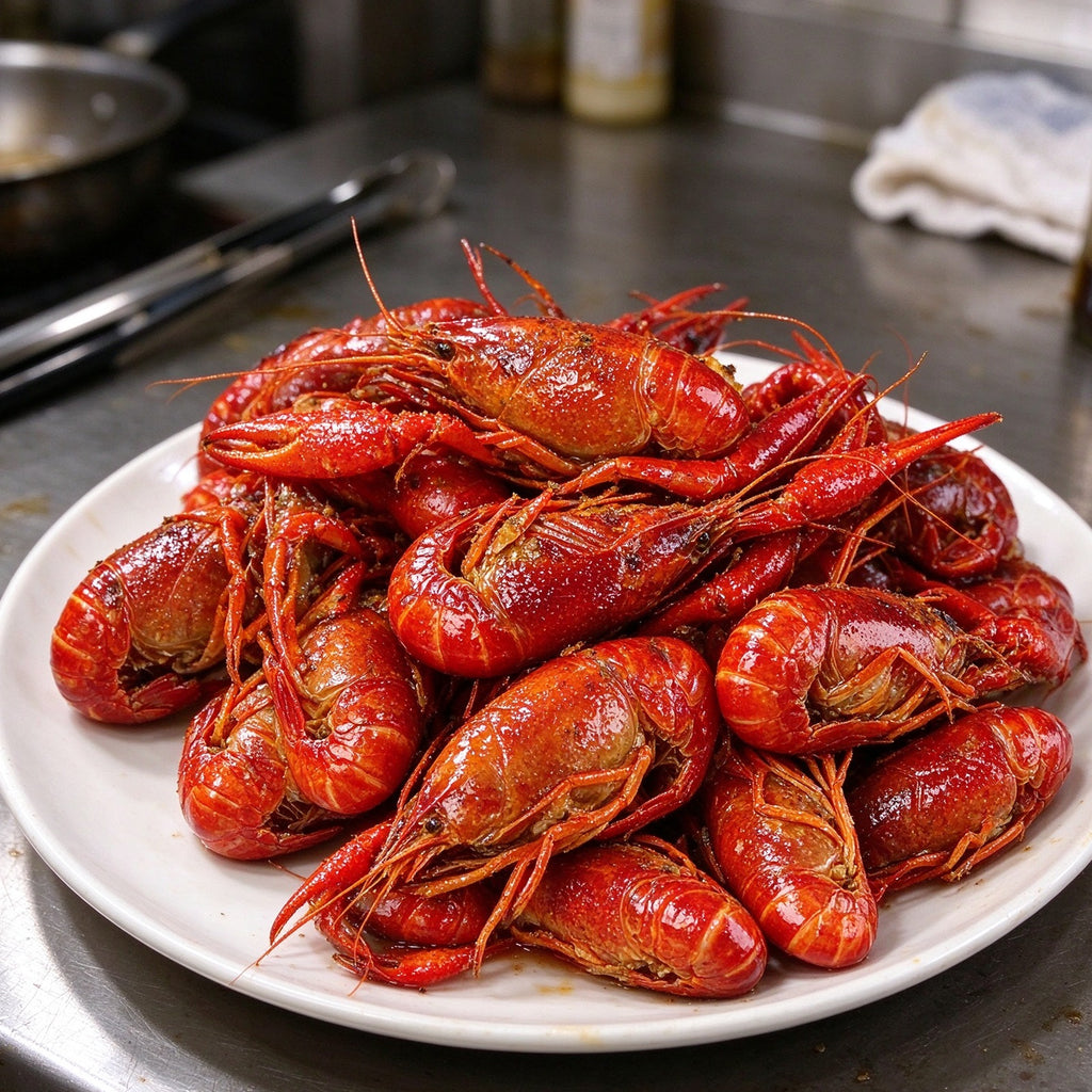 Cooked red crawfish piled on a ceramic plate