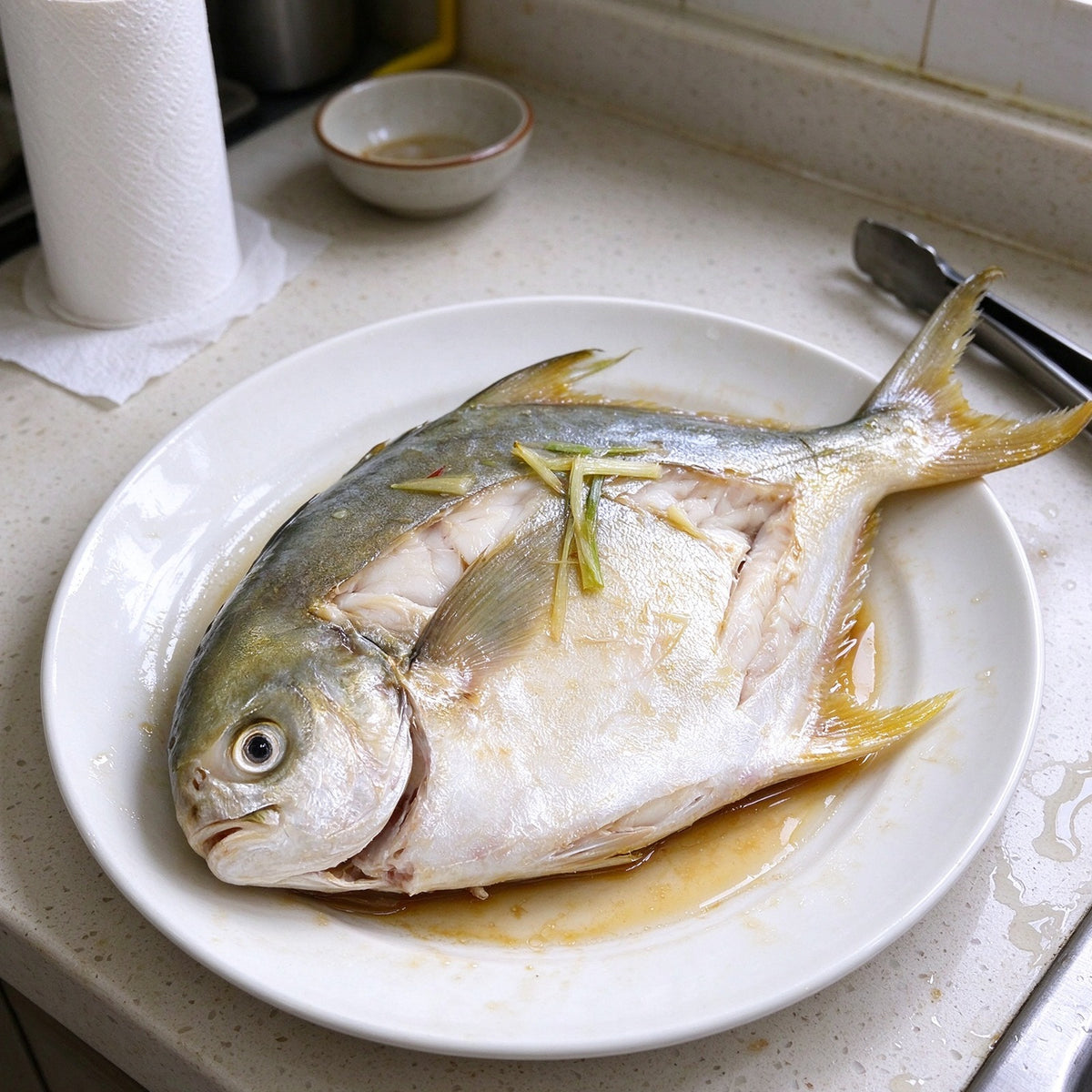 Whole golden pomfret with yellow edged fins