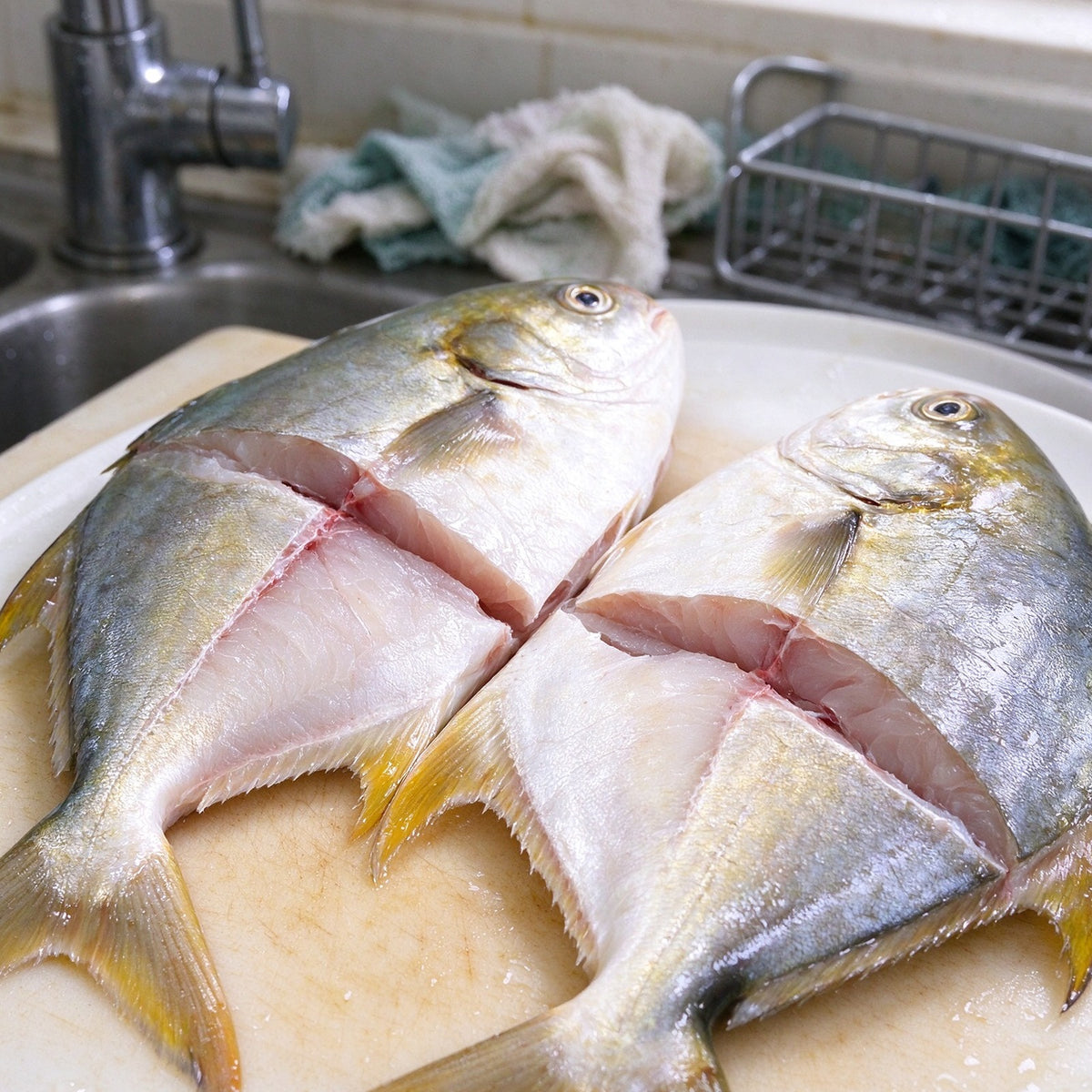 Whole golden pomfret with yellow edged fins