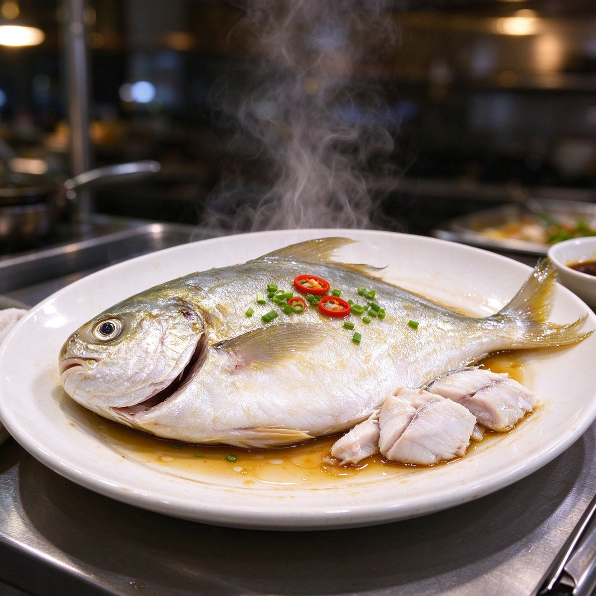 Whole golden pomfret with yellow edged fins