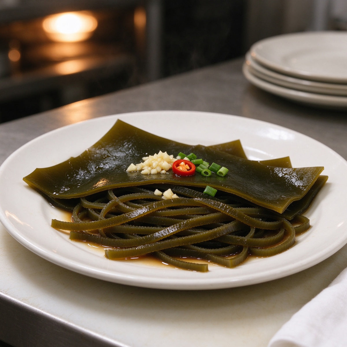 Fresh kelp sheets, tied knots and fine shreds on a plate