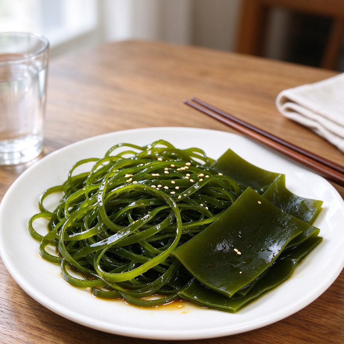 Fresh kelp sheets, tied knots and fine shreds on a plate