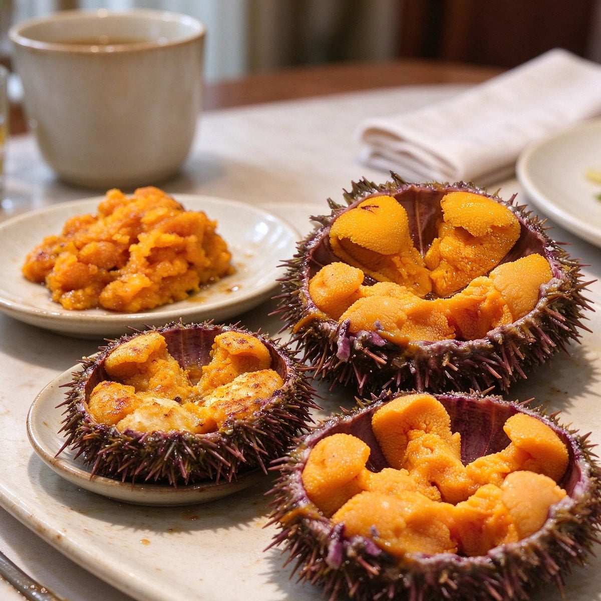 Whole sea urchins with bright golden roe