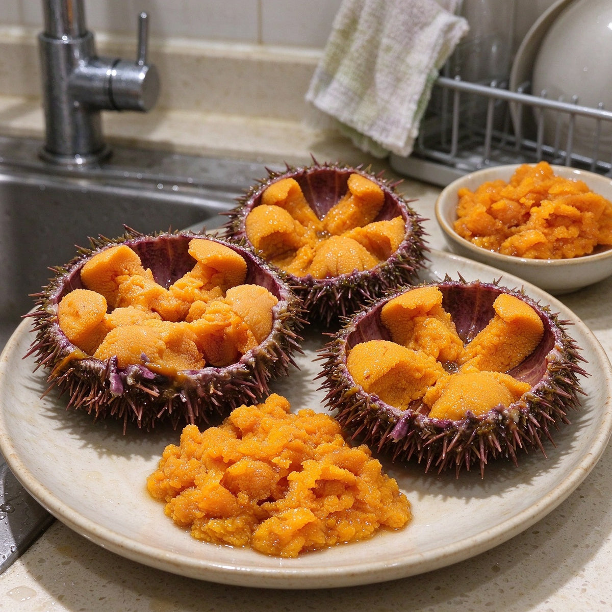 Whole sea urchins with bright golden roe
