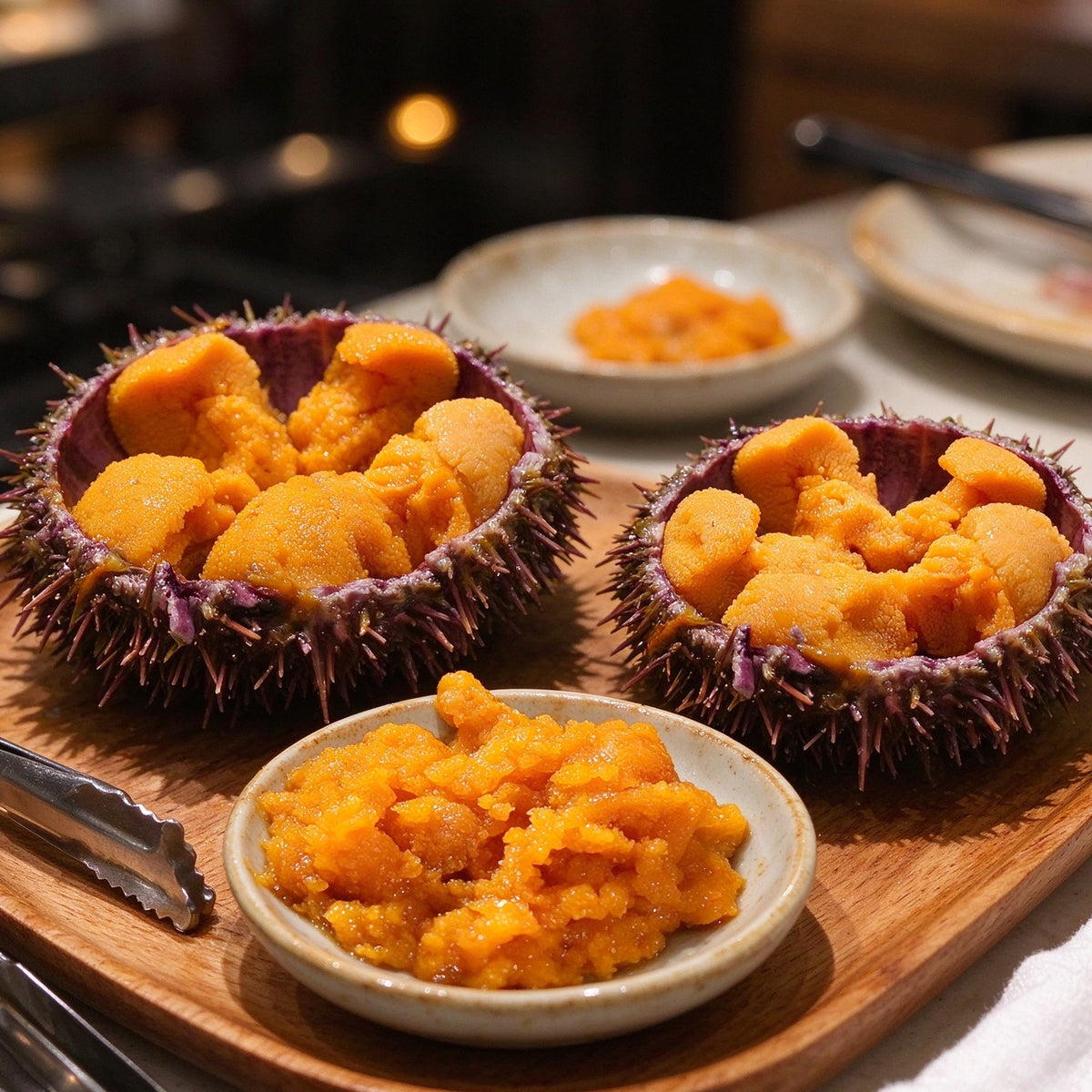 Whole sea urchins with bright golden roe