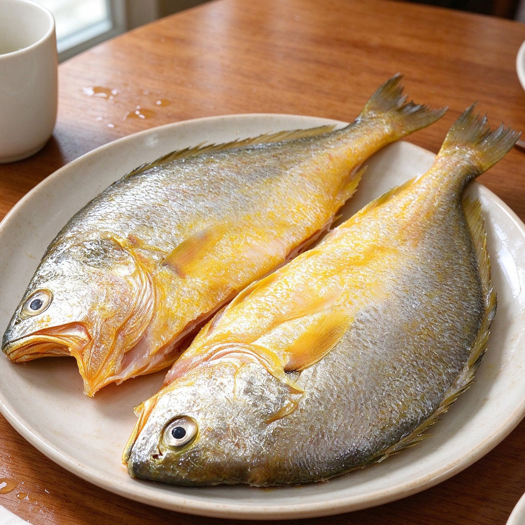 Whole golden yellow croaker fish on a white plate