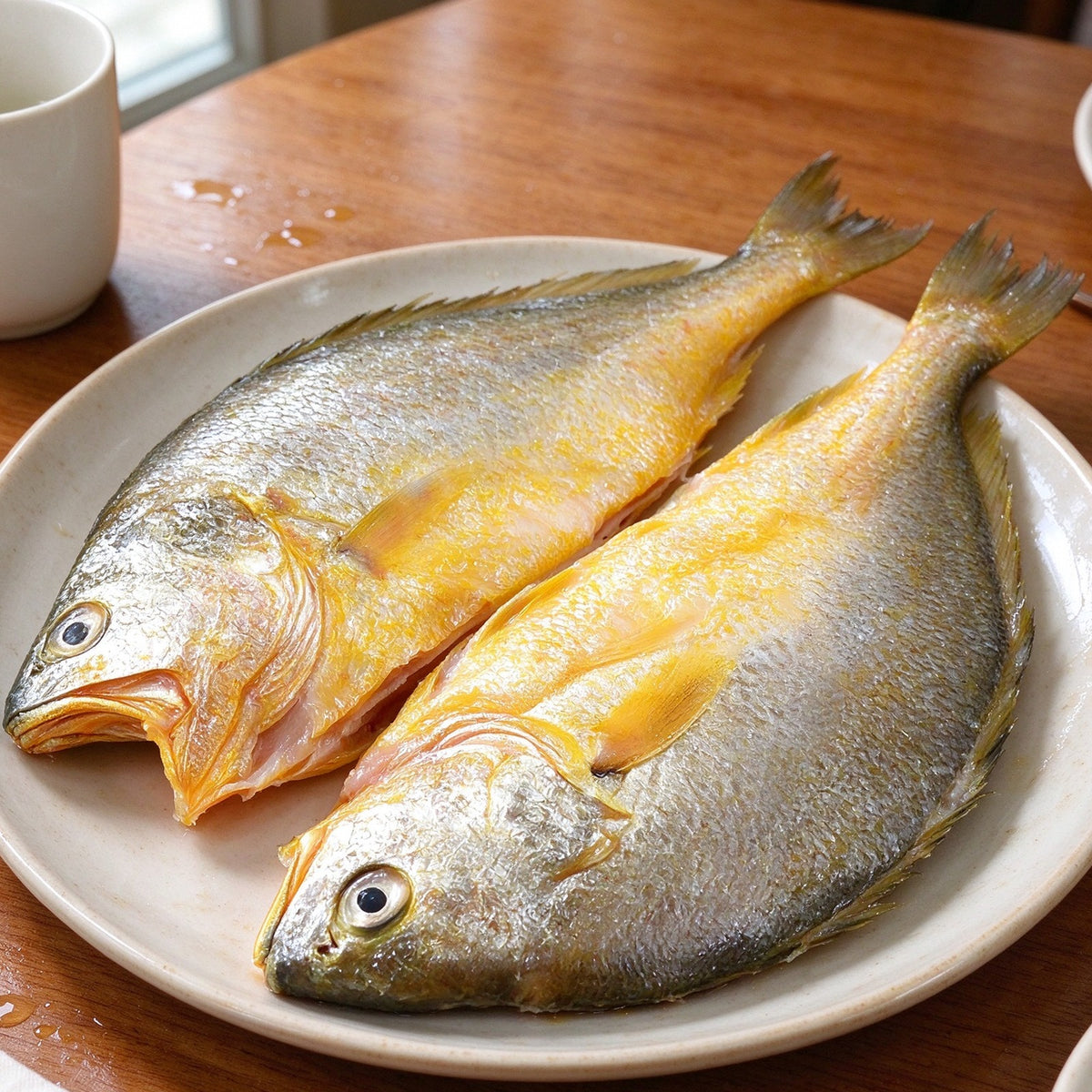 Whole golden yellow croaker fish on a white plate