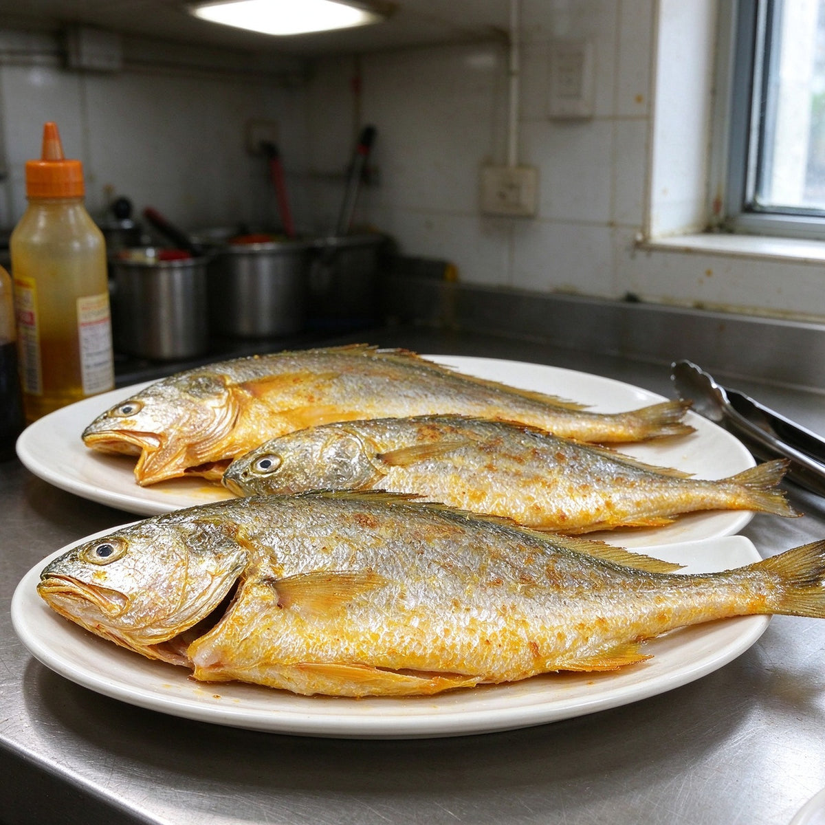 Whole golden yellow croaker fish on a white plate