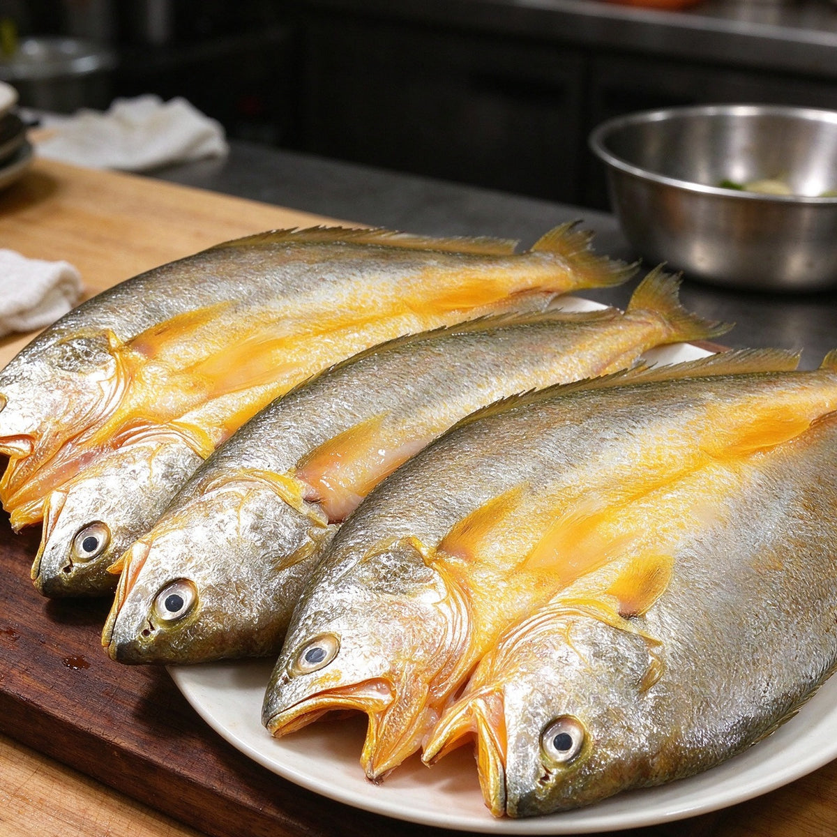 Whole golden yellow croaker fish on a white plate
