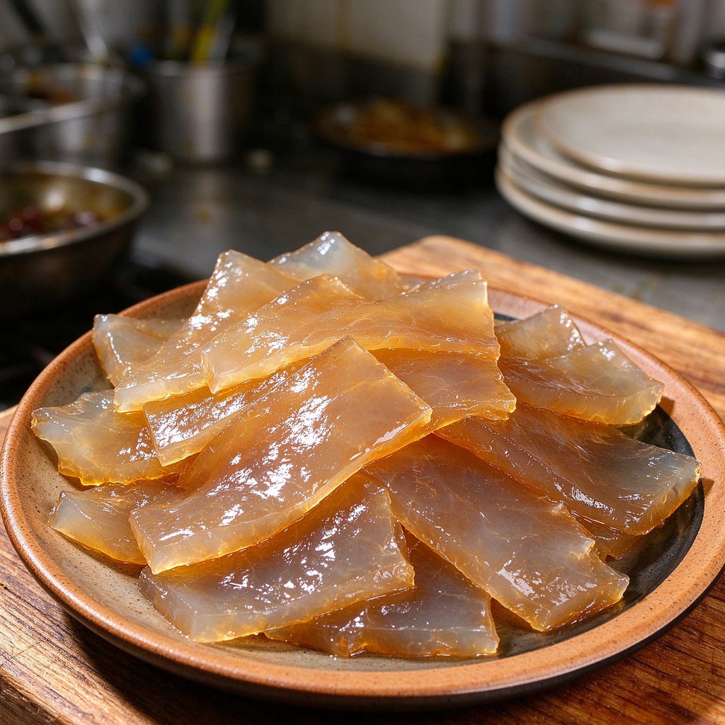 Glassy amber jellyfish slices dressed with chilli and spring onion