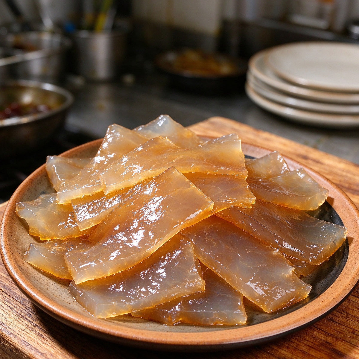 Glassy amber jellyfish slices dressed with chilli and spring onion