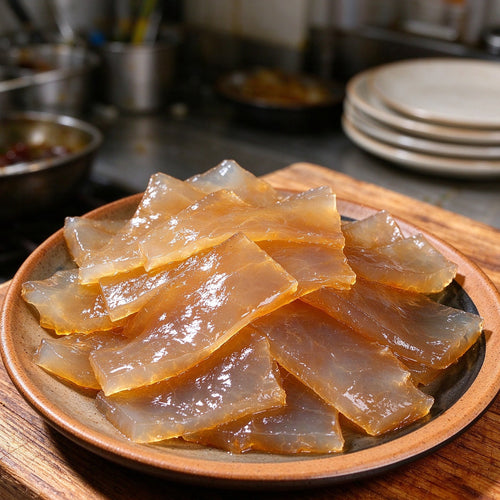 Glassy amber jellyfish slices dressed with chilli and spring onion