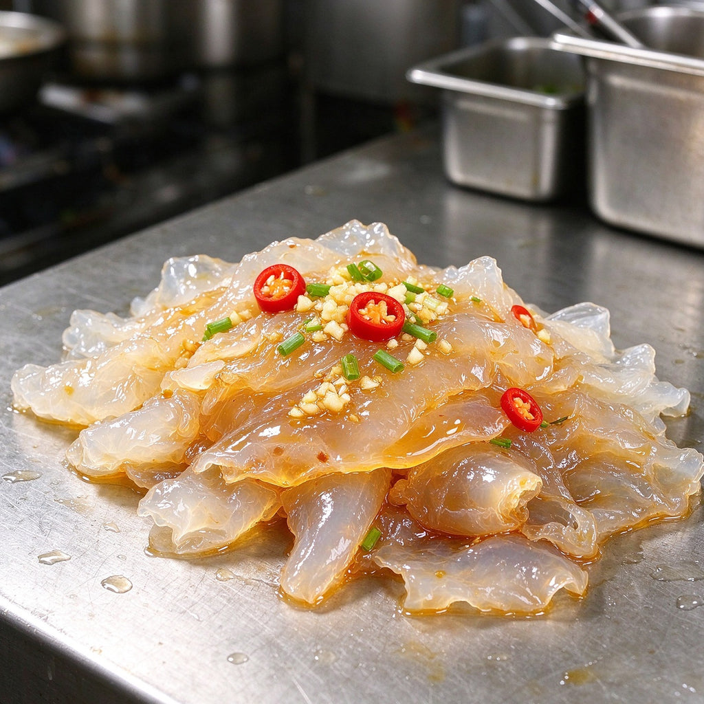 Glassy amber jellyfish slices dressed with chilli and spring onion