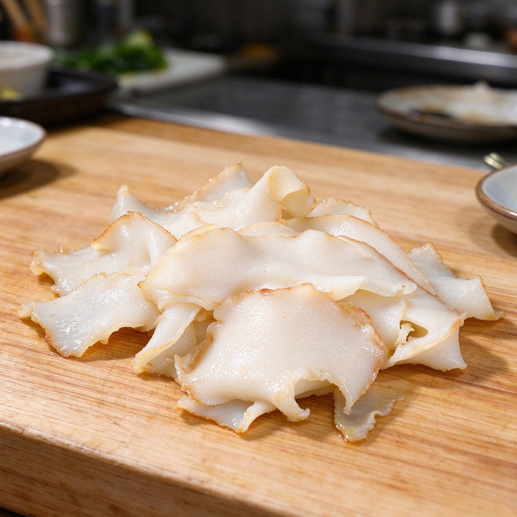 Thin white slices of conch meat with a golden rim