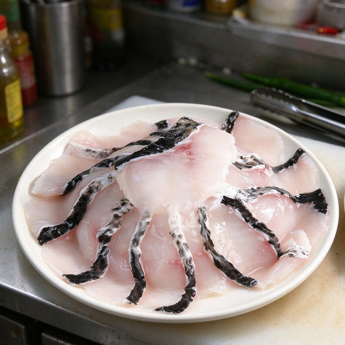 Boneless snakehead fillets with dark skin edge on a white plate