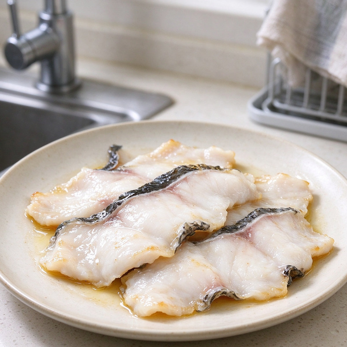Boneless snakehead fillets with dark skin edge on a white plate