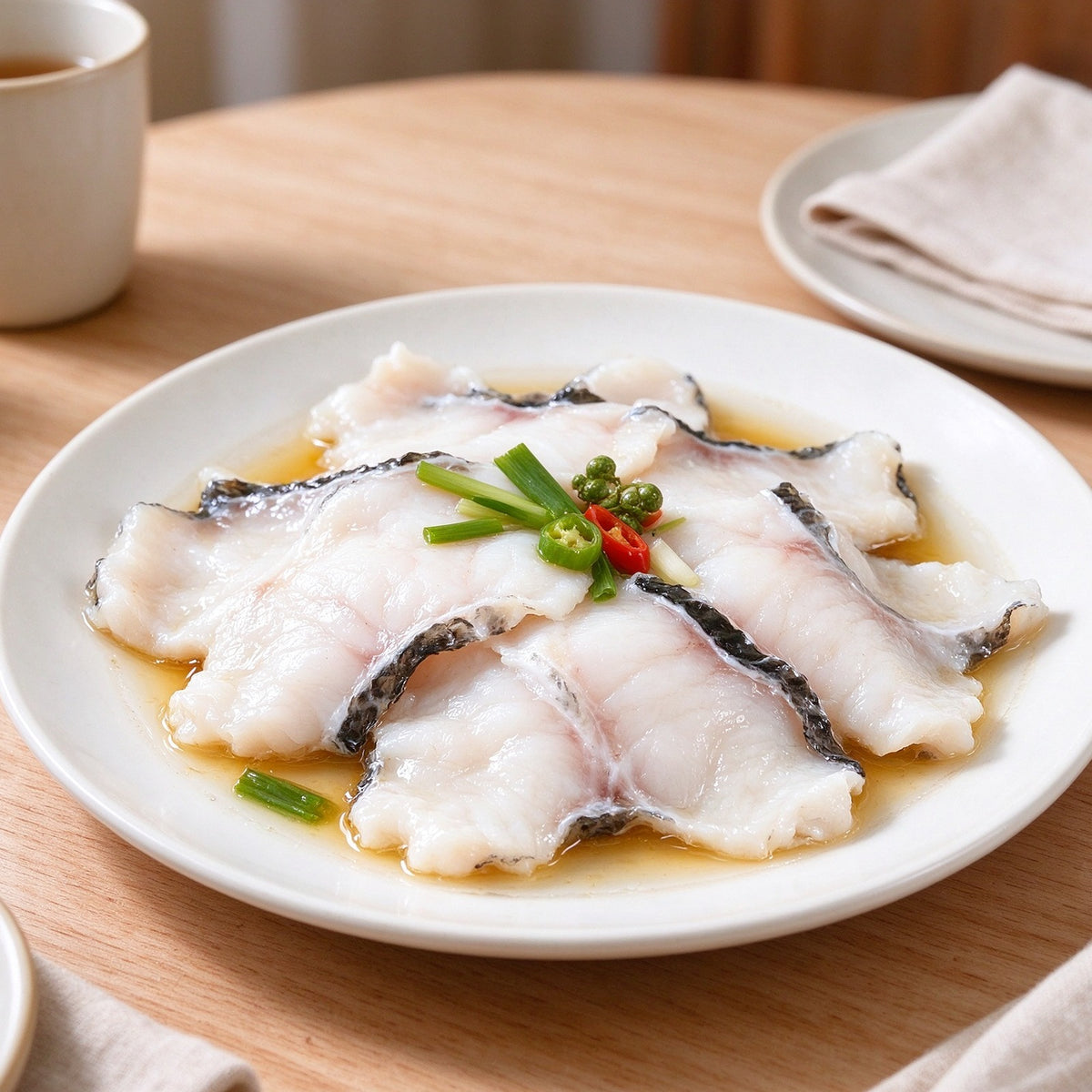 Boneless snakehead fillets with dark skin edge on a white plate